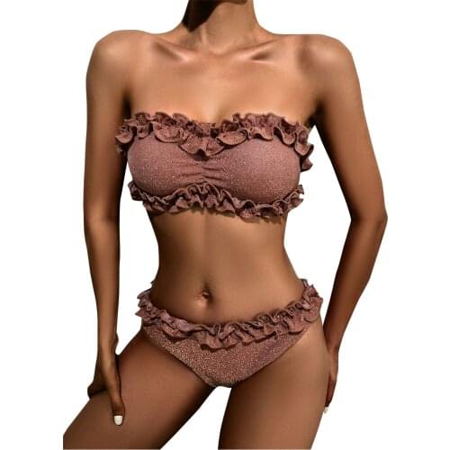 Summer Swimsuit Bikini Set For Women Sexy Ruffle Shiny Bandeau Bikini Brazilian Push-Up Swimwear Beachwear 2021 biquinis A40