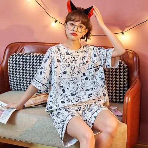 Summer 100% Cotton Women Sleepwear Full Seal Cartoon Puppy Print Cute Pajamas Set For Women Casual Short Sleeve Homewear Female
