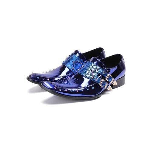 Spring summer blue patent leather mens pointed toe dress shoes metal tip studded classic Double Buckle oxford shoes for men