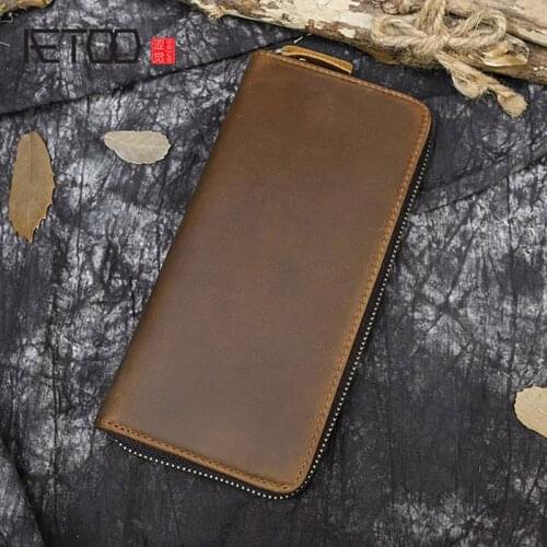 AETOO Mens Crazy Horse Leather Wallet, Retro Long Wallet, Simple Leather Mens Casual Wallet