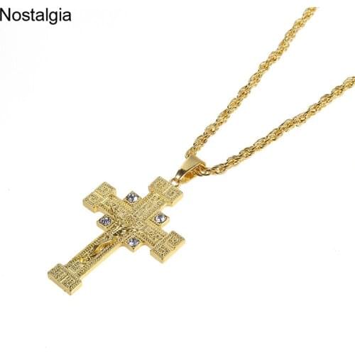 Nostalgia Bling Bling Gold Cross Necklace Women Men Jesus Christian Pendant Jewelry Religious Accessories