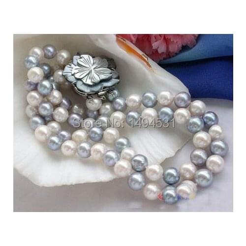 Wholesale Pearl Jewelry 2Row 11mm Round White Gray Color Freshwater Cultured Pearl Necklace - Handmade Jewelry - XZN69