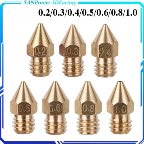 5Pcs 3D Printer Brass Copper Nozzle Mixed Sizes 0.2/0.3/0.4/0.5/0.6/0.8/1.0 Extruder Print Head For 1.75MM MK8 Makerbot
