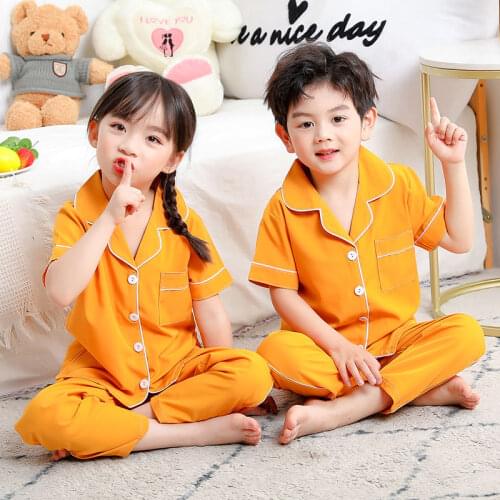 2021 Pajamas Set for Children Soild Short Summer Boys Homewear Kids Cotton Yellow Long Sleeve Sleepwear Pijamas Girls Nightwear