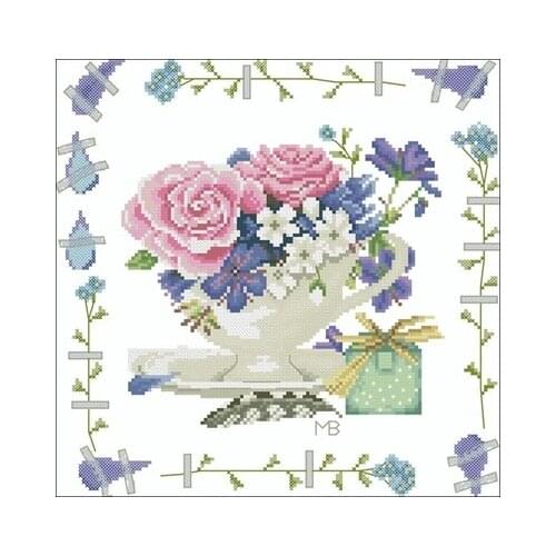 PN-0170950 Pink rose in a tea cup Counted Cross Stitch 11CT 14CT 18CT Cross Stitch Kits Embroidery Needlework Sets