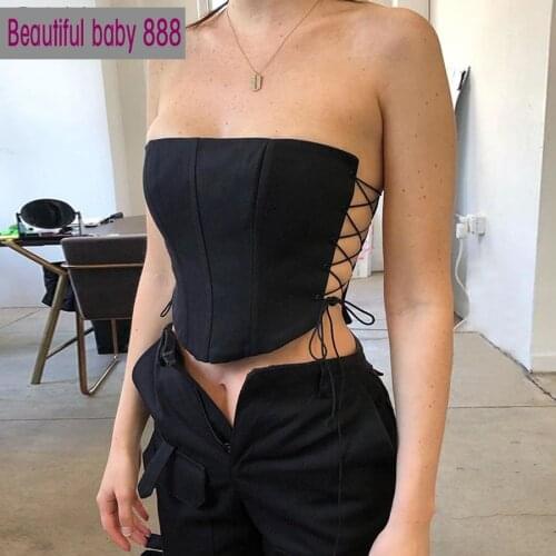 Meqeiss Sexy Club Strapless Side Hollow Out Lace Up Bodycon Crop Top Women Fashion Sleeveless Skinny Pure Streetwear Camisole
