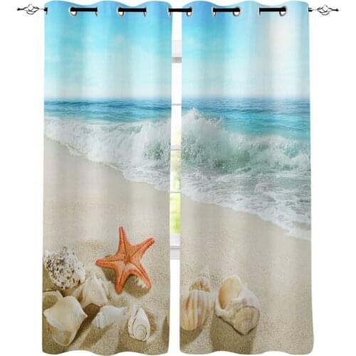 Beach Sea Starfish Shells Window Curtains for Living Room Bedroom Kitchen Window Treatments Home Decor Cortinas