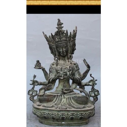 12" China Buddhism Bronze 3 Head 8 Arms Namgyalma & Ushnishavijaya Buddha Statue