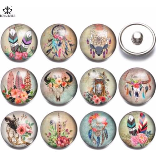 RoyalBeier 12pcs/lot Multi Styles Vintage Glass Cabochon 18mm For DIY Snap Button Charms Bracelets & Bangles Jewelry