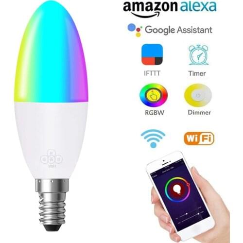 WiFi Smart Lamp Candle Bulb E27 -E14 RGB Bulb AC85-265V Dimmable Support Alexa / Google Home Control By Smartphone Application