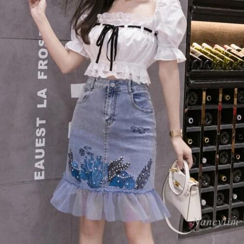Womens Denim Skirt Embroidery Beaded Ruffled Mesh Patch A- Line 2021 Summer High Waist Slim-Fit Jean Skirts Girls Students