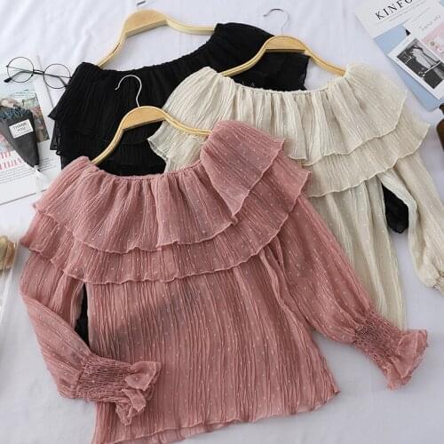 2019 Women Summer Slash Neck Flare Sleeve Embroidery Dot Basic Shirt Casual Slim High Waist Pullover Chiffon Ruffles Blouse Tops