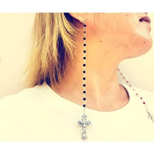 Long Chain Earrings for Women Gothic Punk Cross Pendant Black Crystal Bead Chains Dangle Ear Ring Vintage Rune Jewelry VGE145