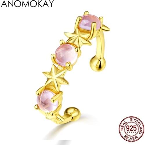 Anomokay Trendy Prong Setting Pink CZ Gold Color Rings for Women Girl Gift 100% Sterling 925 Silver Star Open Rings S925 Jewelry