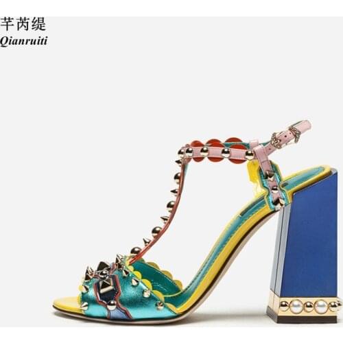 Qianruiti 2018 Fashion Runway Women Crystal Sandals Buckle Strap Jeweled Block High Heels Patchwork Diamonds Sandals Party Heels
