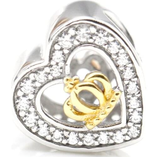 Heart Charms 925 Sterling Silver Prince Crown fall in Love Romantic CZ Beads fit Bracelet Bangle Necklace Women Fashion Jewelry