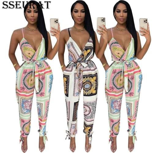 SSEURAT Women Jumpsuit Sexy Sleeveless Spaghetti V-neck Print Waist Jumpsuit Fashion Vintage Nightclub Jumpsuit