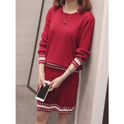 2021 Plus Size Womens Autumn New Sweater Two Piece Suit Fashion Korean Long Sleeve Pullover Shirt And Skirt Loose Knit Set M122