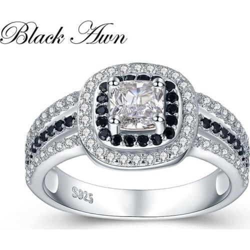 [SODROV] 3.9g 925 Sterling Silver Jewelry Wedding Rings for Women Black&White Stone Engagement Ring Femme Bijoux Bague C407