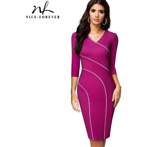 Nice-Forever Vintage Stripes Patchwork Elegant Office Dresses Business Work Bodycon Slim Women Dress B610