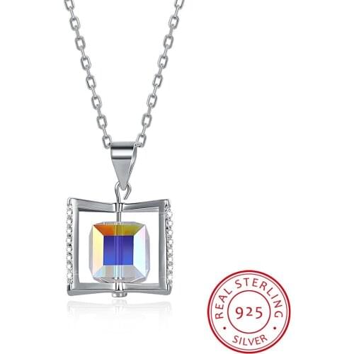 LEKANI New Design Crystals Rotating Cube Pendants Necklaces Magic Necklace For Women Real 925 Silver Fine Jewelry