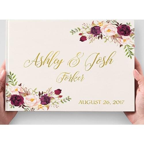 White Wedding Guest Book Alternative,Gold Silver Letters Personalized Guest Book,Wedding Floral Guestbook Gift for Couple