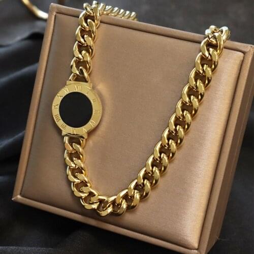 Titanium Steel Choker side Roman Numerals Necklace Collar Statement Hip Hop Big Chunky Gold Color Thick Chain women jewelry