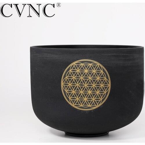 CVNC Flower of Life 8" Note C Chakra Black Colored Quartz Crystal Singing Bowl