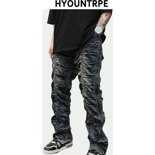 High Street Side Zipper Distressed Crushed Fold Denim Jeans Men Hip Hop Elastic Waist Straight Pants Fashion Biker Pants Joggers