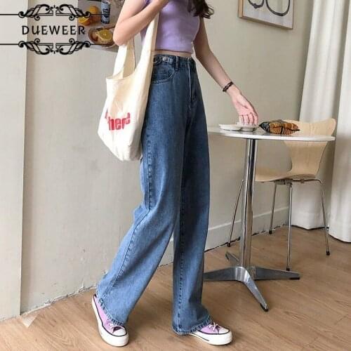 Dueweer Women Wide Leg Jeans Womens Washed Trousers Vintage Simple All-match Adjust-waist loose Chic fashion