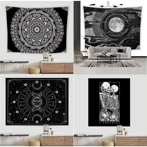Tapestry Black and White Sun Moon Skull Flower Aesthetic Wall Hanging Background Cloth Tablecloth Sofa Cover Room Decor