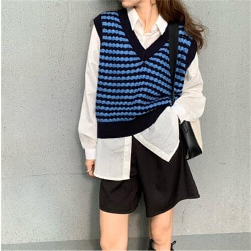 Hit Color Stripe Knit Vest Women Fall Korean Casual V-neck All-match Sweater Sleeveless For Female Loose Waistcoats Tops