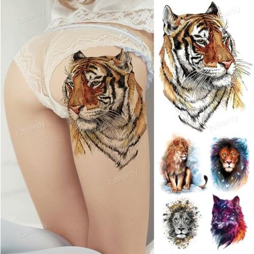 Fake tattoo anime tiger head lion king wolf sexy tatoo for woman men leg thigh tattoos large body art watercolor waterproof big
