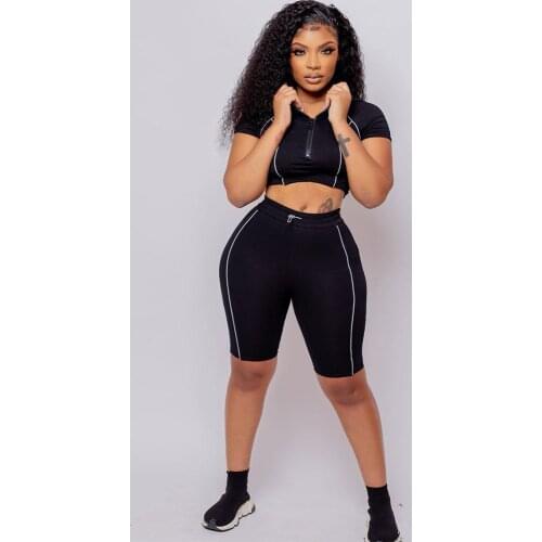 Classic Women Striped Patchwork Fitness Two Piece Sets Zipper Front Short Sleeve Crop Top and Biker Short Casual Sweat Suits