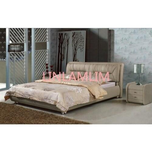 Modern real genuine leather bed / soft bed/double bed king/queen size bedroom home furniture brown color+ 2 night stands
