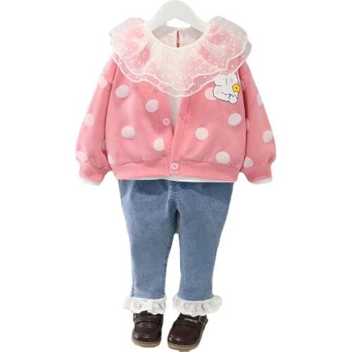 New Baby Girls Autumn Long-sleeved T-shirt cardigan Jacket Denim Trousers Three-piece Suits