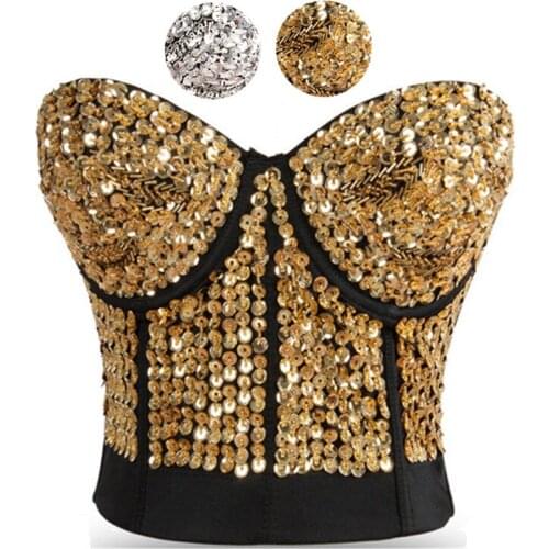 Striking Gold Sequin & Beading Studded Belly Dance Bra Top Sexy Bustier Underwear Women Bra Push Up Bralette Punk Rock Brassiere