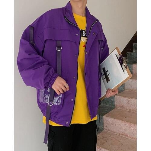 Harajuku Purple Jackets Coats Men Ribbons Streetwear Bomber Jackets 2021 Autumn Mens Hip Hop Pocket Jacket Windbreaker