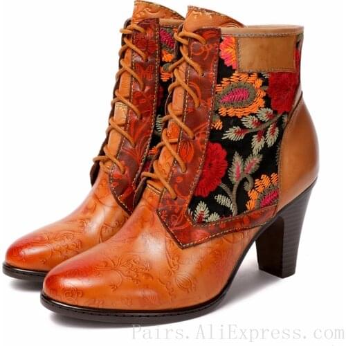 Size 36-42 Retro Woman Real Leather Ankle Boots Luxury Design High Heel Shoes Ladies Festival Footwear women boots booties woman