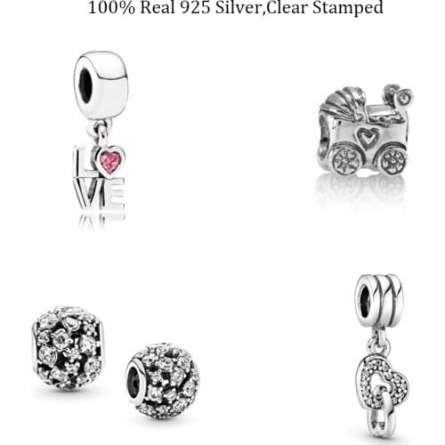 Real 925 Sterling Silver Sparkling Round Beads Interlocking Heart Pendant Baby Carriage Charm Fits Original Bracelets Bangles