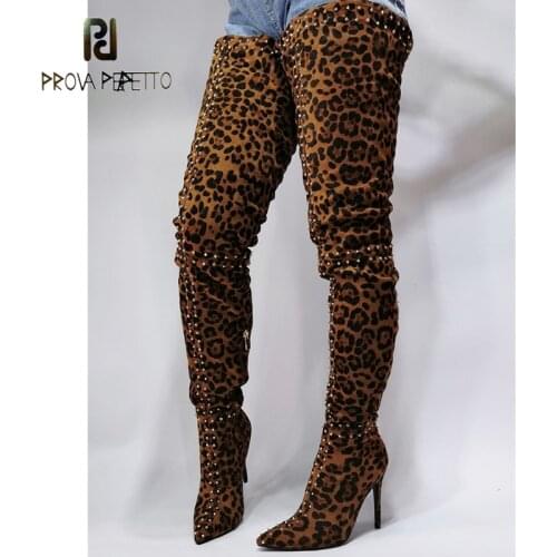 Sexy Leopard Print Stitching Rivet Fashion Over The Knee Boots Pointed Stiletto Heel Side Zipper Fashion Long Boots Thigh Boots