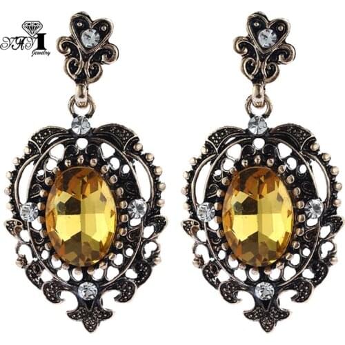 YaYi Jewelry New Yellow Glass Rhinestone Dangle Crystal Earring Womens Fashion Ancient Gold Color Gem Earrings Gift 1202