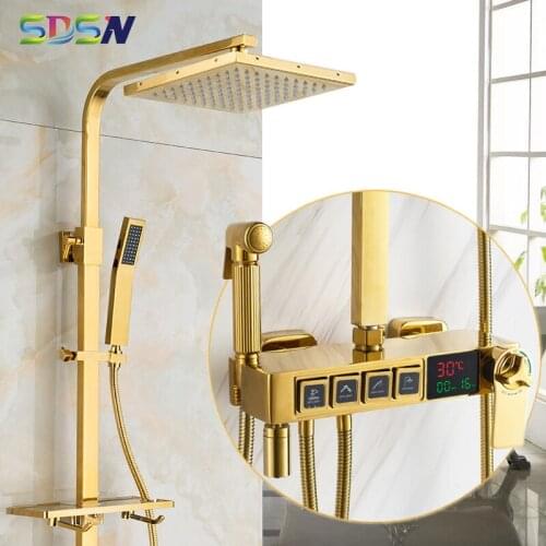 Bathroom Shower System SDSN Gold Bathroom Mixer Faucets Rainfall Shower Head Thermostatic Digital Bathroom Shower Mixer Set