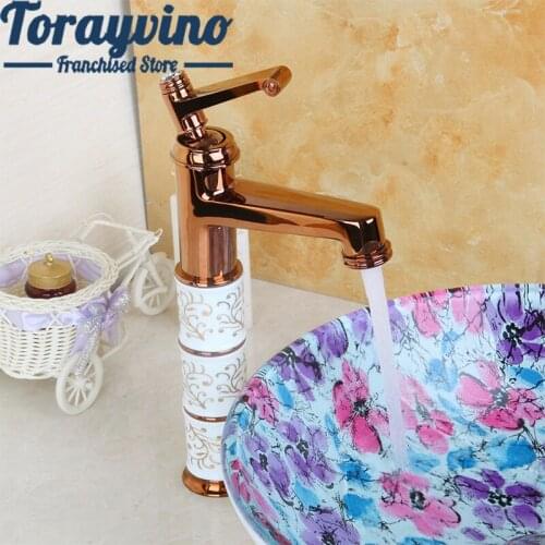 Torayvino Bathroom Rose Gold Basin Faucet 1 Handle Ceramic Basin Sink Bathroom Deck Mount Single Hole Ceramic Faucet Mixer Tap