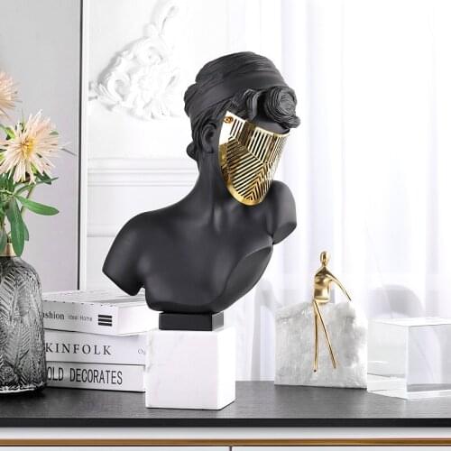 Modern Resin Portrait Marble Base Metal Mask Statue Ornaments Home Livingroom Figurines Crafts Hotel Lobby Character Decoration
