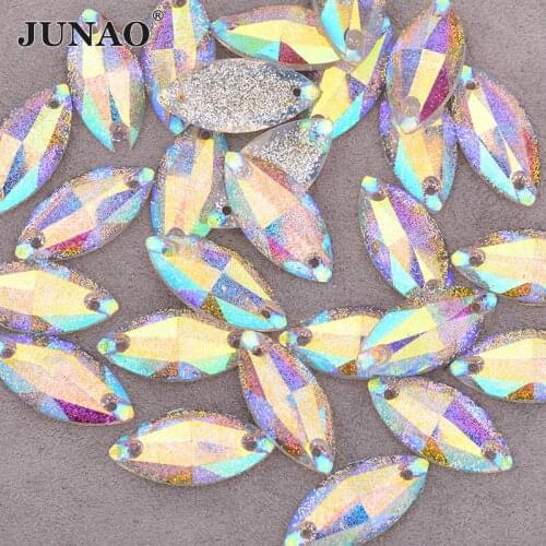 JUNAO 11*24mm Sewing Crystal AB Glitter Powder Rhinestone Sew On Horse Eye Crystal Stone Flatback Acrylic Gems Needlework Strass