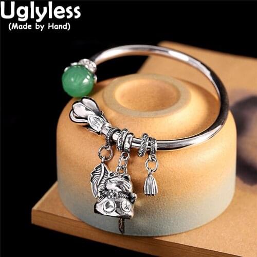 Uglyless Lovely Pig Bell Bangles for Women Thai Silver 999 Silver Charms Vintage Jewelry Chalcedony Lotus Bangles Floral Bijoux
