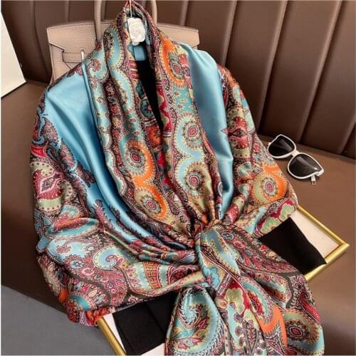 Vintage Paisley Print Silk Scarf Women Luxury Long Bandana Foulard Femme Soft Stole Designer Muslim Head Hijab Scarves and Shawl