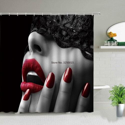Sexy Red Lip Bathroom Set Shower Curtain Beautiful Woman Waterproof Curtains Romantic Valentines Day Room Bathtub Home Decor