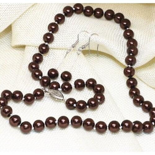 Necklace earrings for women 8mm chocolate round simulated-pearl shell beads romantic weddings anniversary jewelry 18inch B2348